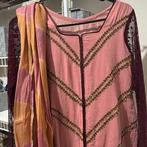 Pakistani Indian Pink and Gold Embroidered 2 piece Dress with Scarf